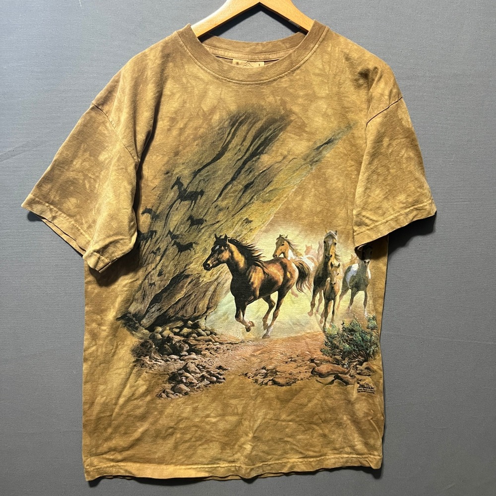 The Mountain Wild Horse Stampede Cave Art Tie Dye Graphic T-Shirt Brown Mens L